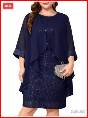 Plus Size 2 Piece Sequin Dress with Chiffon Jacket Wedding Guest Mother of